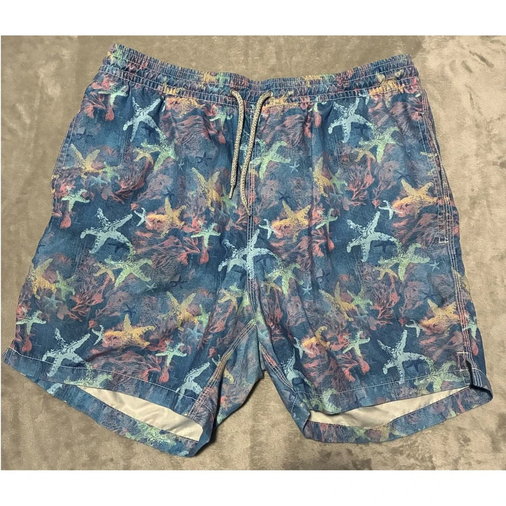 Michaels Mens Starfish Coral Print Swim Trunks Blue Pink Size Large Board Shorts